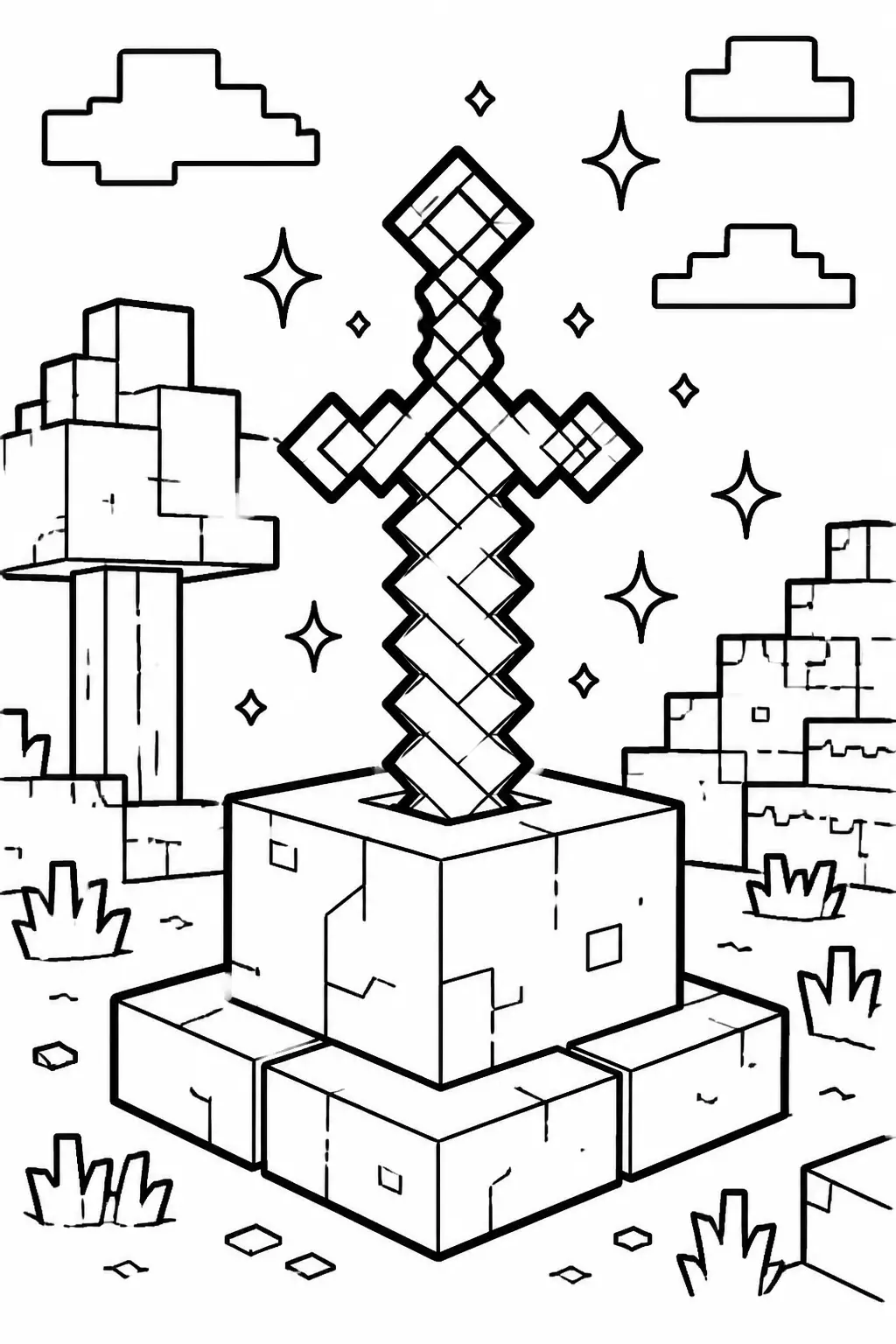 Desenho de Minecraft da Espada de Diamante em um Monumento para Colorir
