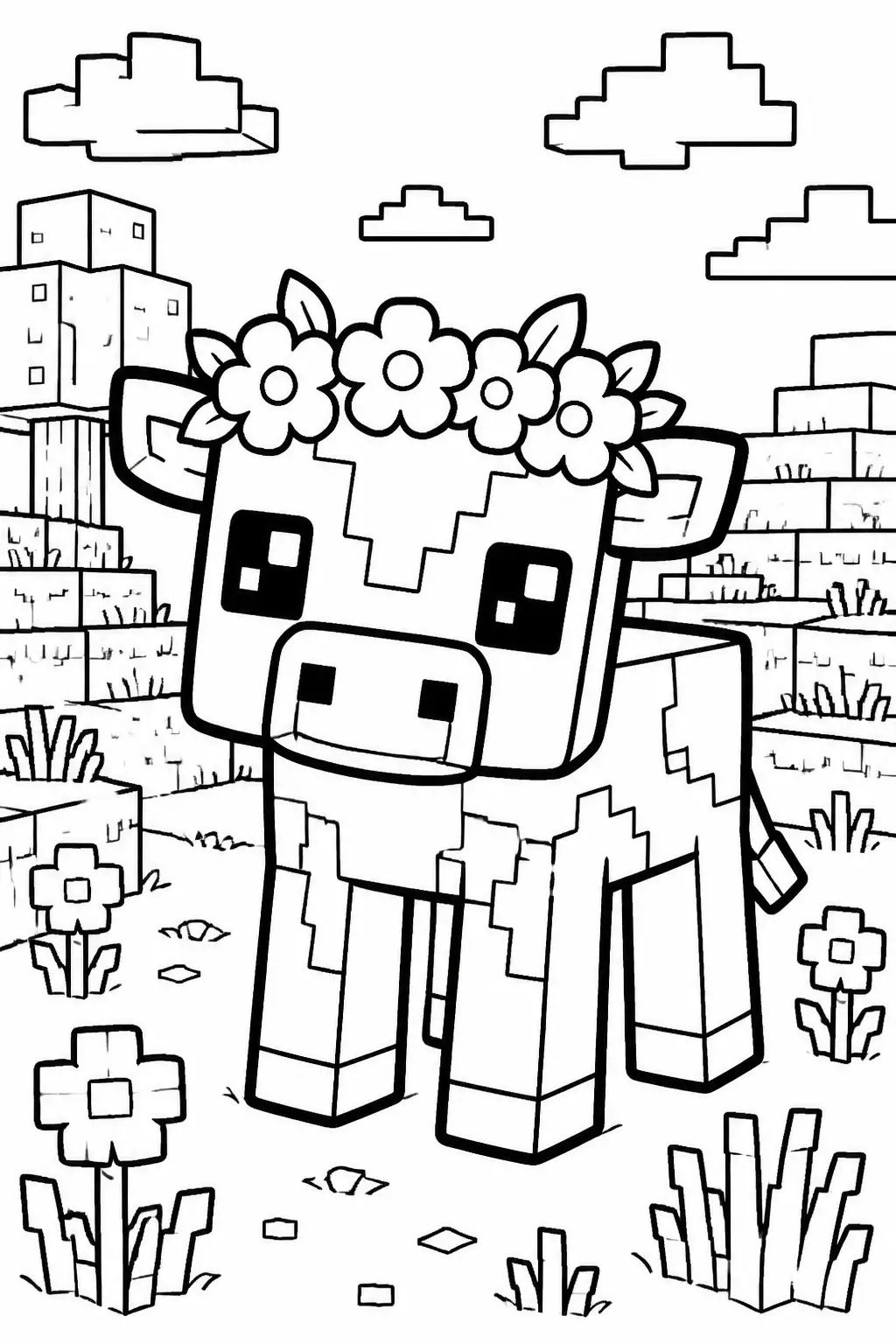 Desenho de Minecraft da Vaca com Coroa de Flores para Colorir