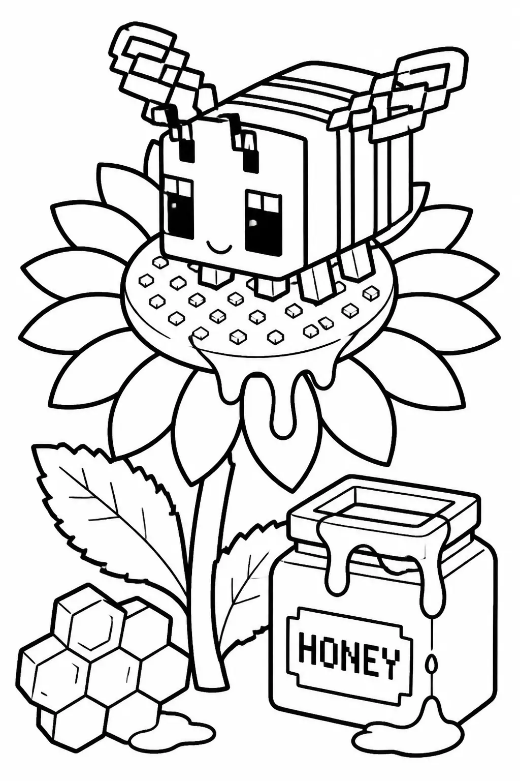 Desenho de Minecraft de Abelha em Flor com Pote de Mel para Colorir