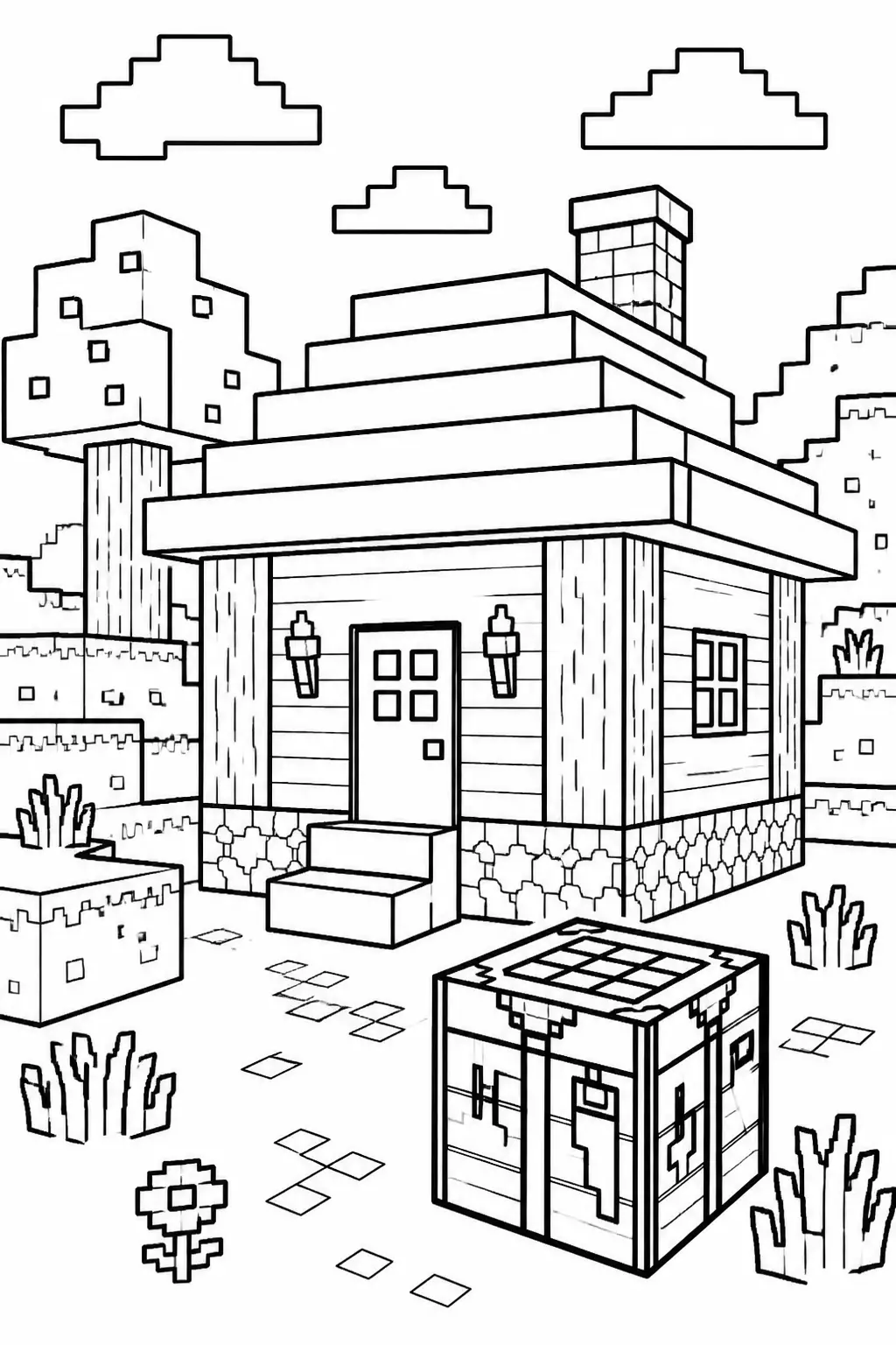 Desenho de Minecraft de Casa de Madeira com Mesa de Trabalho para Colorir
