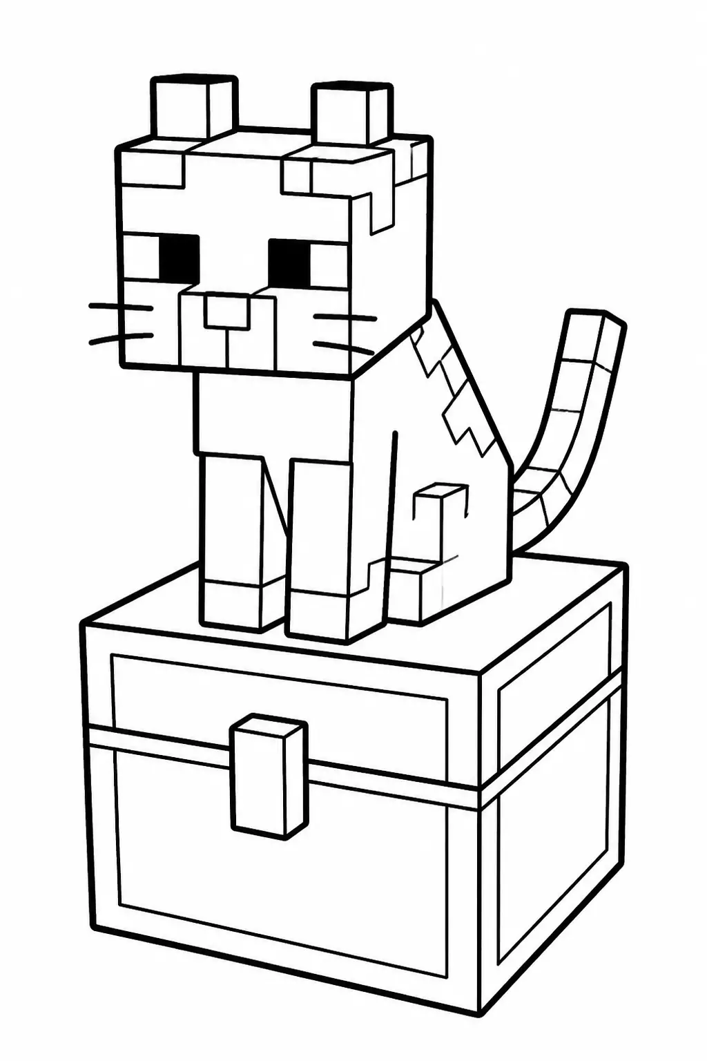 Desenho de Minecraft de Gato em Cima do Baú para Colorir