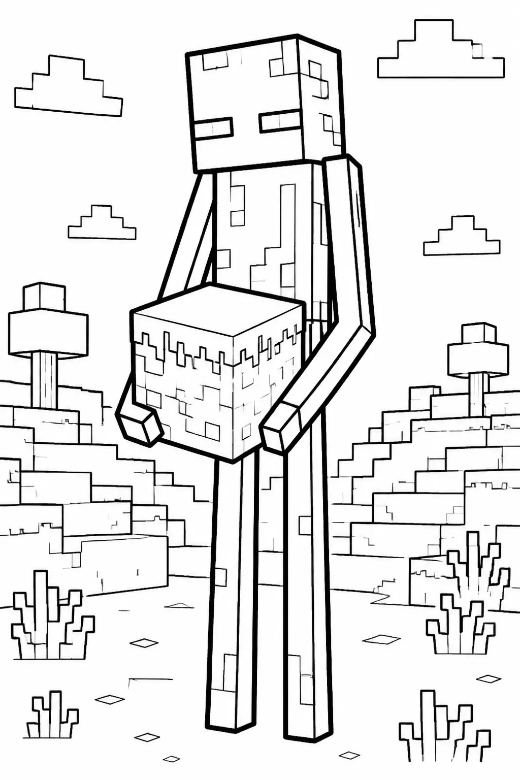 Desenho de Minecraft do Enderman Segurando Bloco de Terra para Colorir