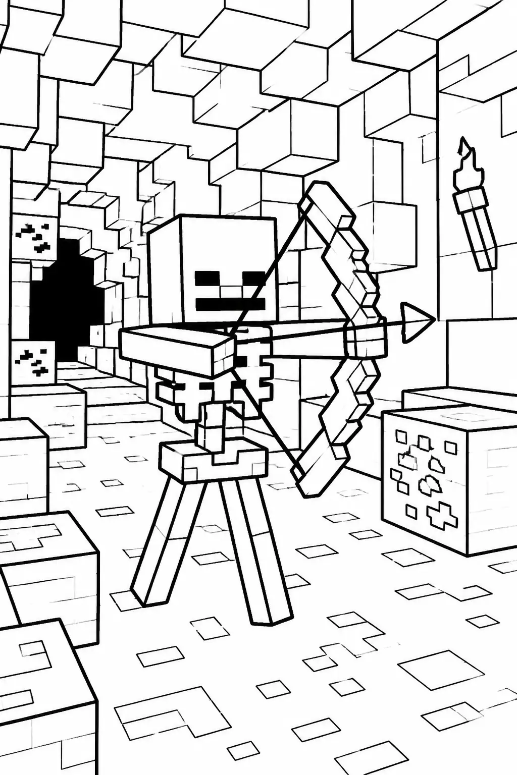 Desenho de Minecraft do Esqueleto com Arco em uma Caverna para Colorir