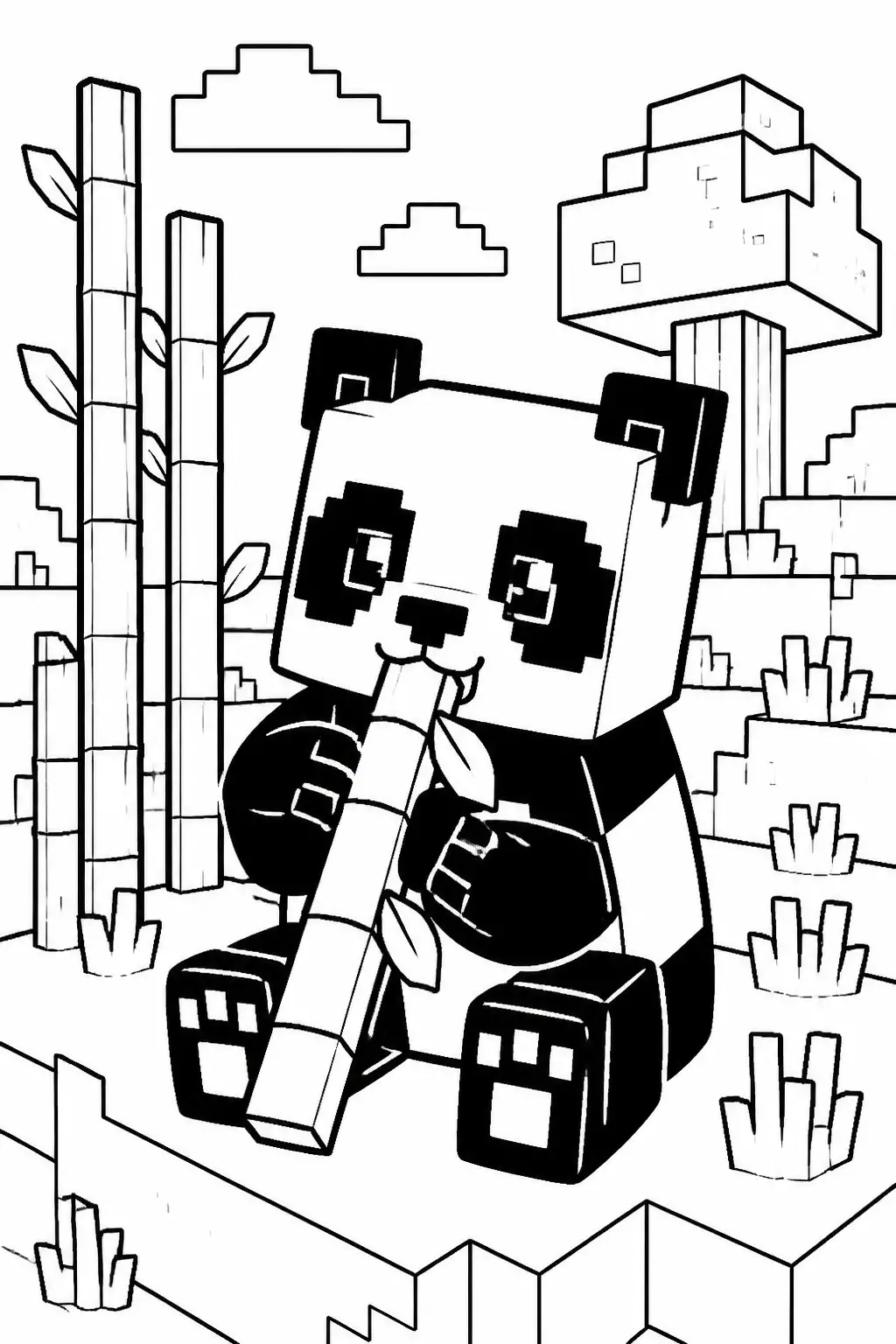 Desenho de Minecraft do Panda Brincando com Bambu para Colorir