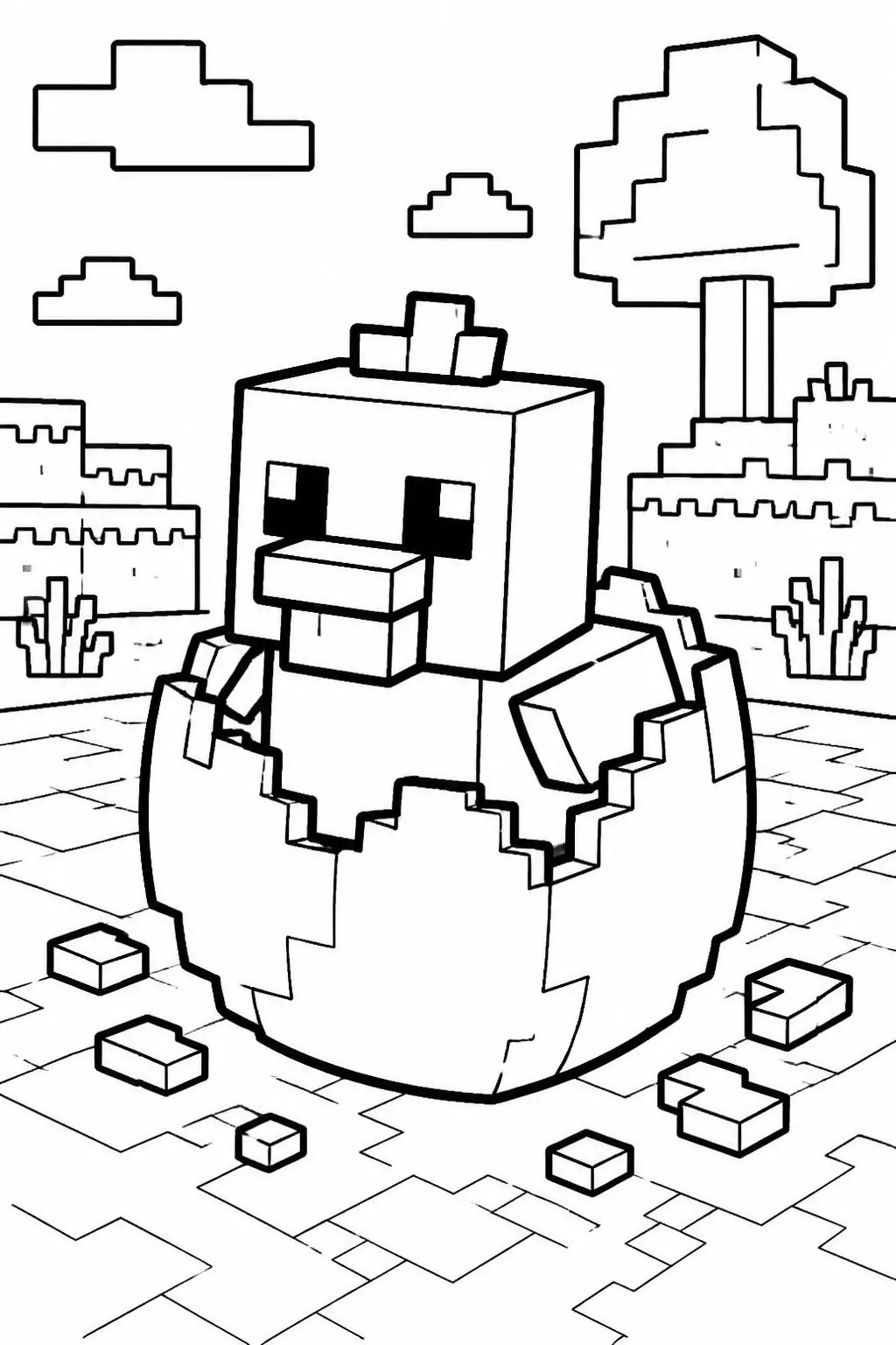 Desenho de Minecraft do Pintinho Nascendo do Ovo para Colorir