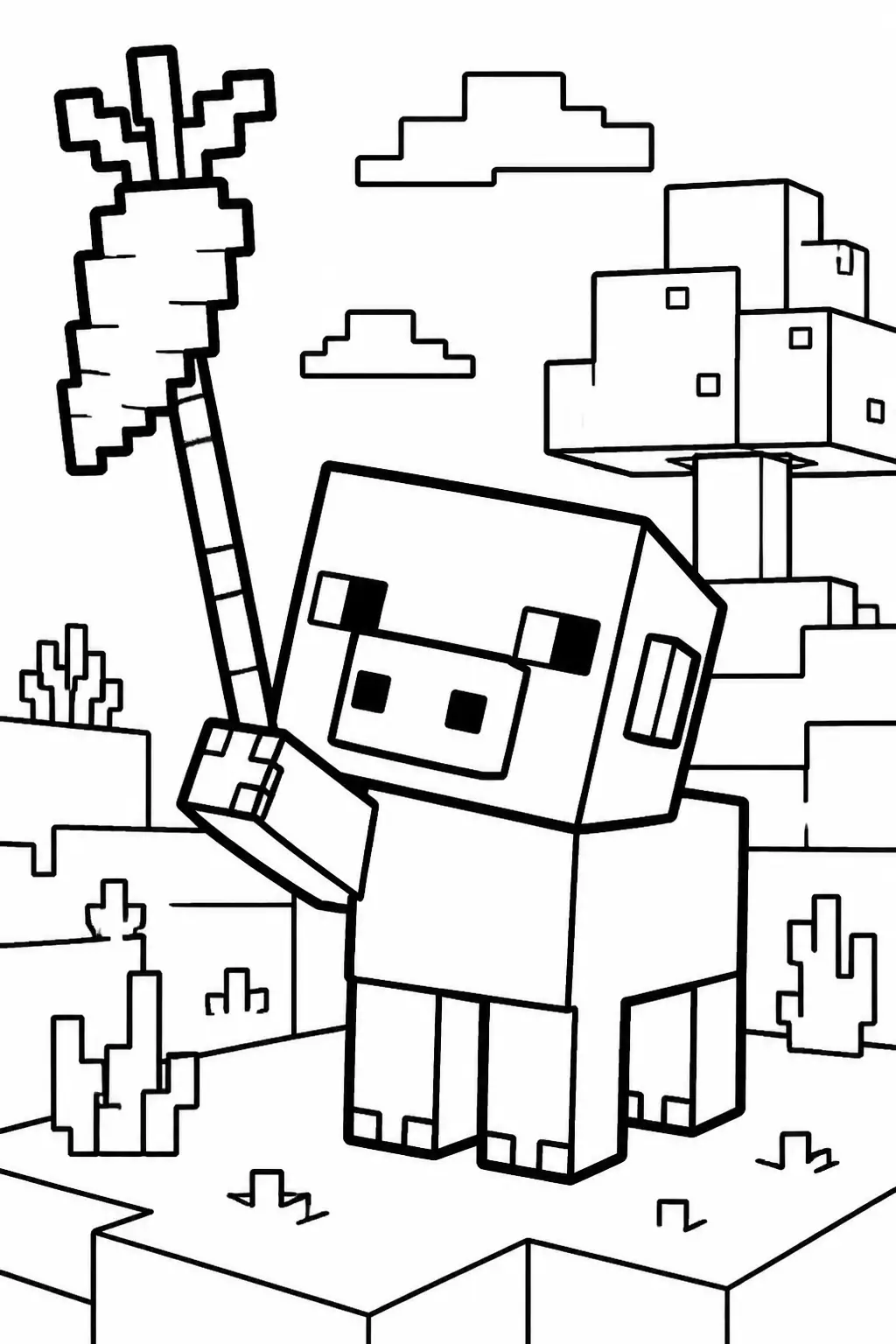 Desenho de Minecraft do Porquinho Segurando uma Cenoura para Colorir