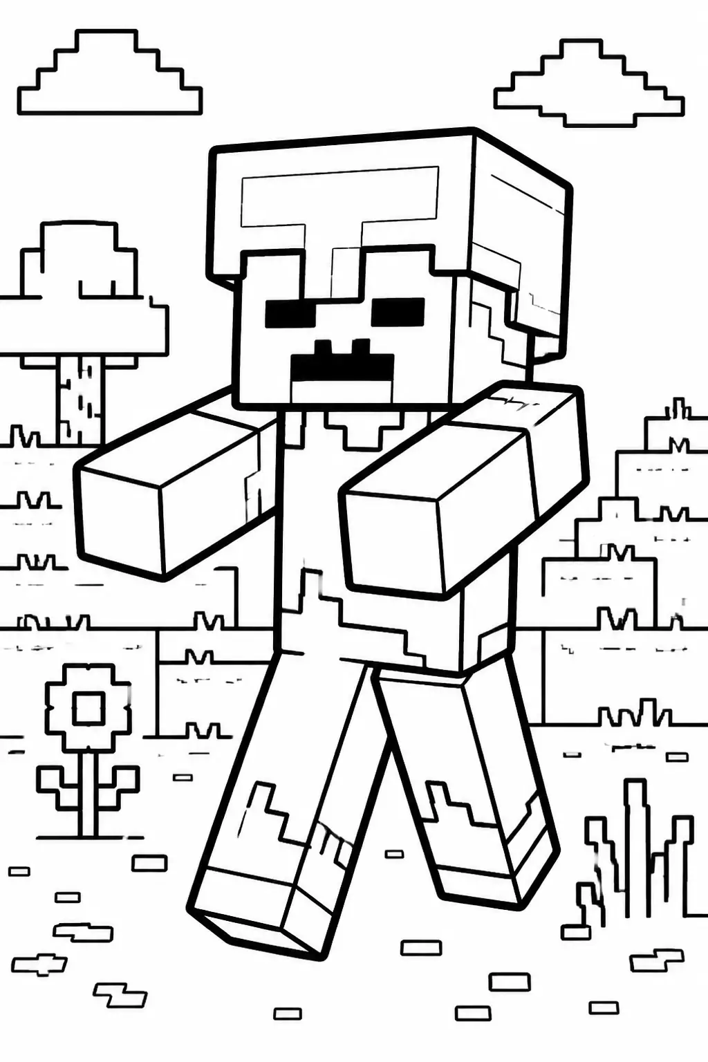 Desenho de Minecraft do Steve Caminhando pelo Campo para Colorir