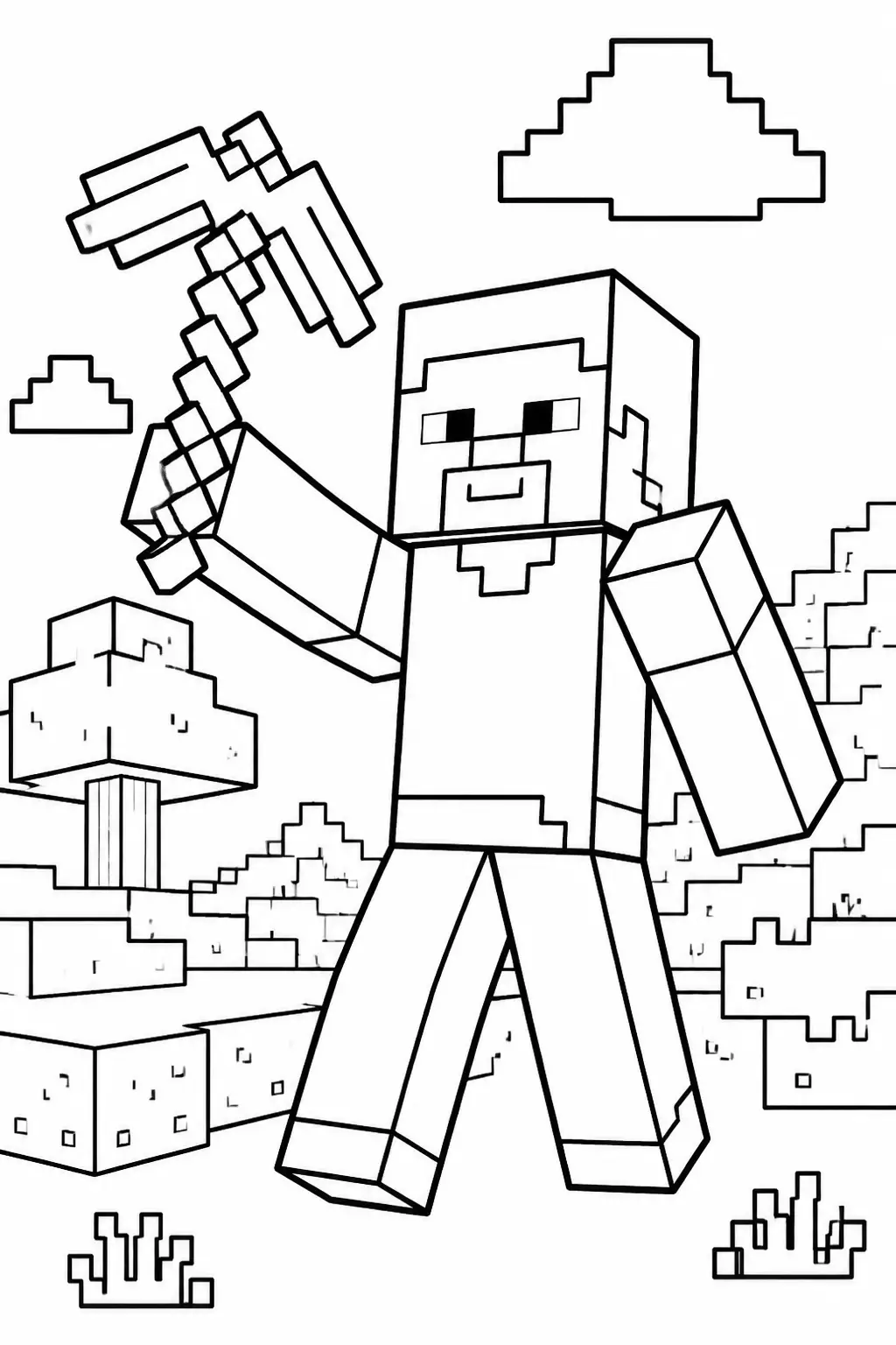 Desenho de Minecraft do Steve com Picareta em Mão para Colorir
