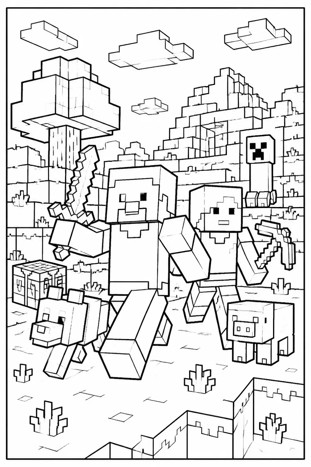 Desenho de Minecraft do Steve e Alex com Espadas e Cachorrinho para Colorir