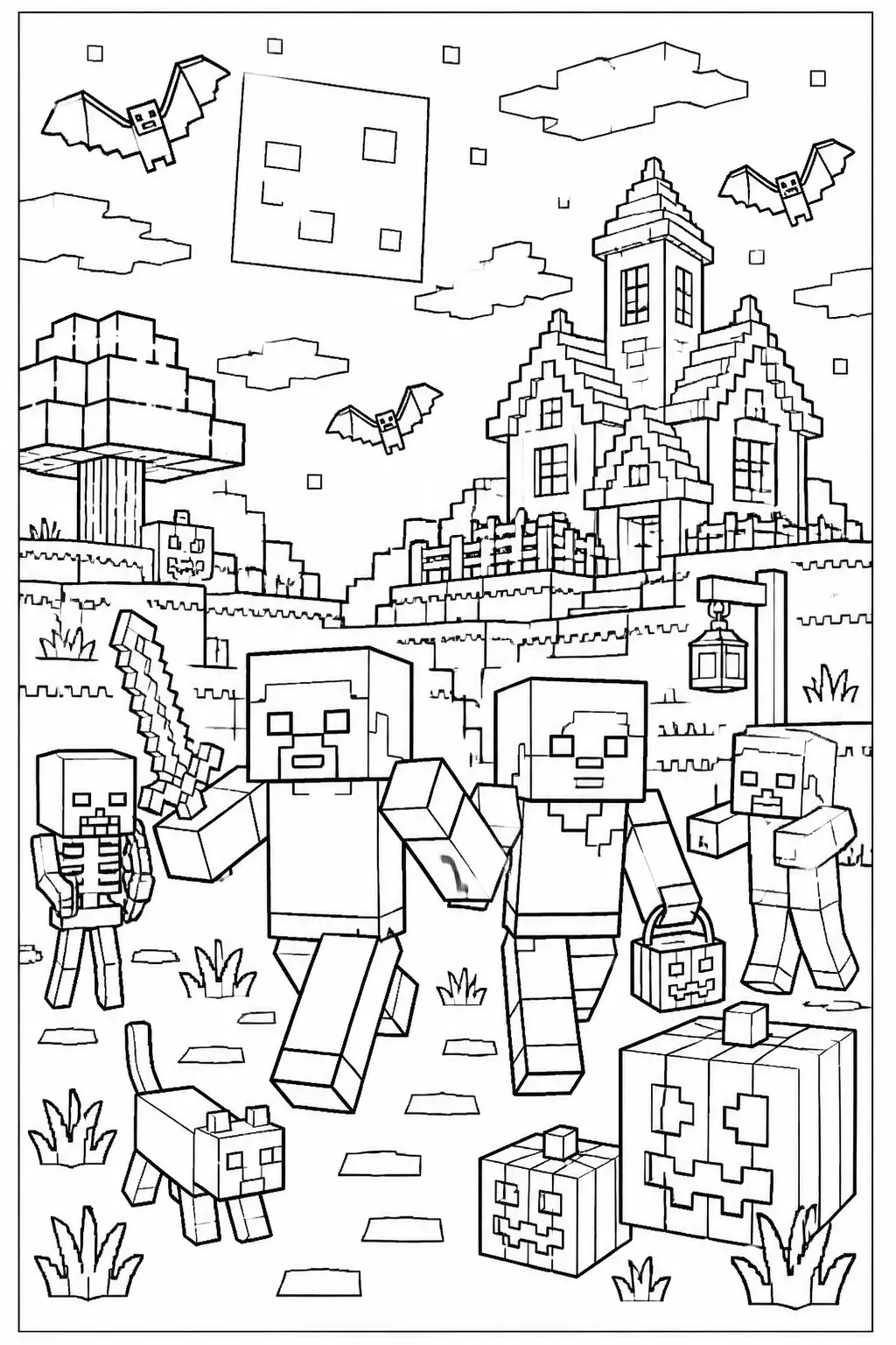 Desenho de Minecraft do Steve e Alex com Gato e Abóbora para Colorir