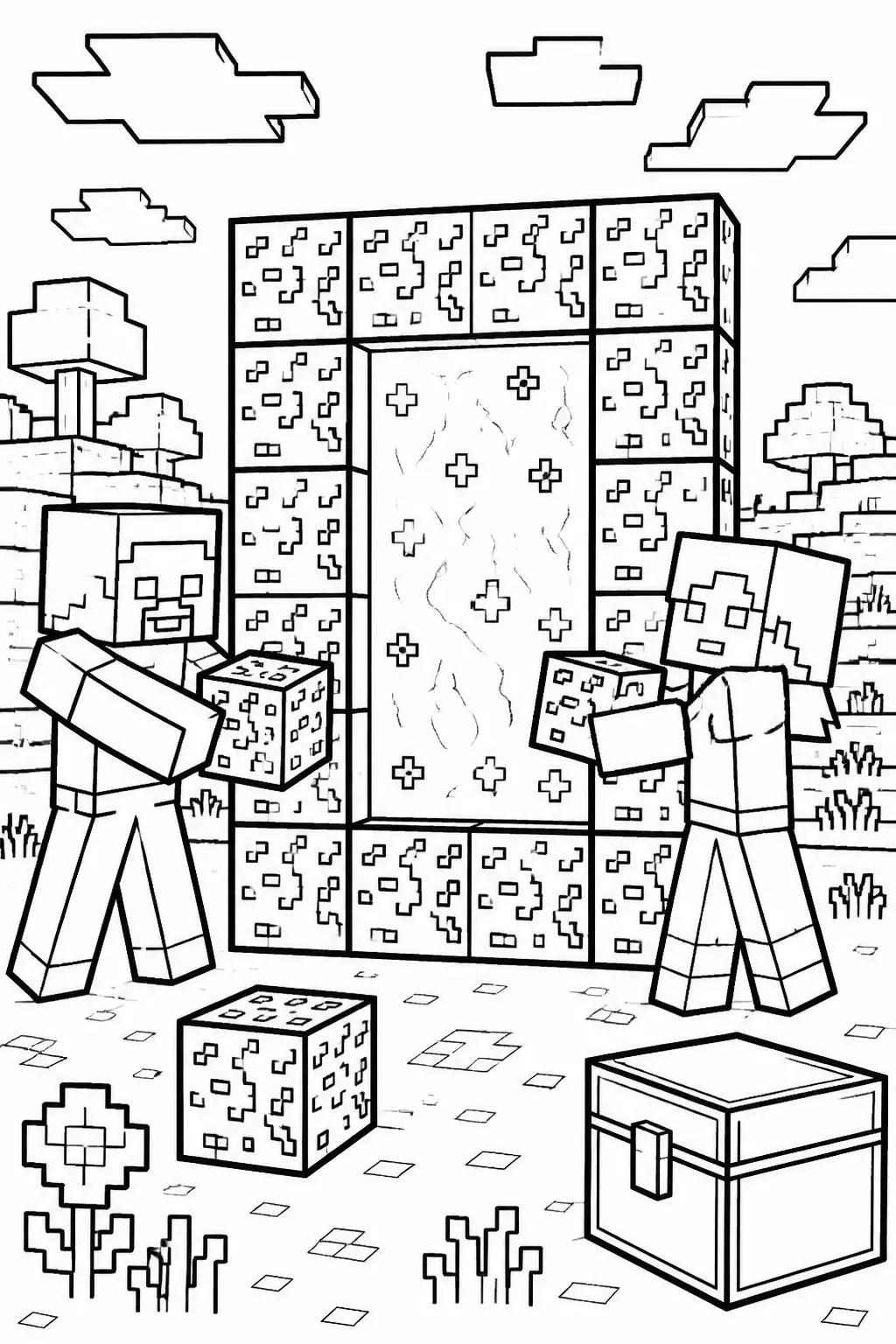 Desenho de Minecraft do Steve e Alex com Portal do End para Colorir