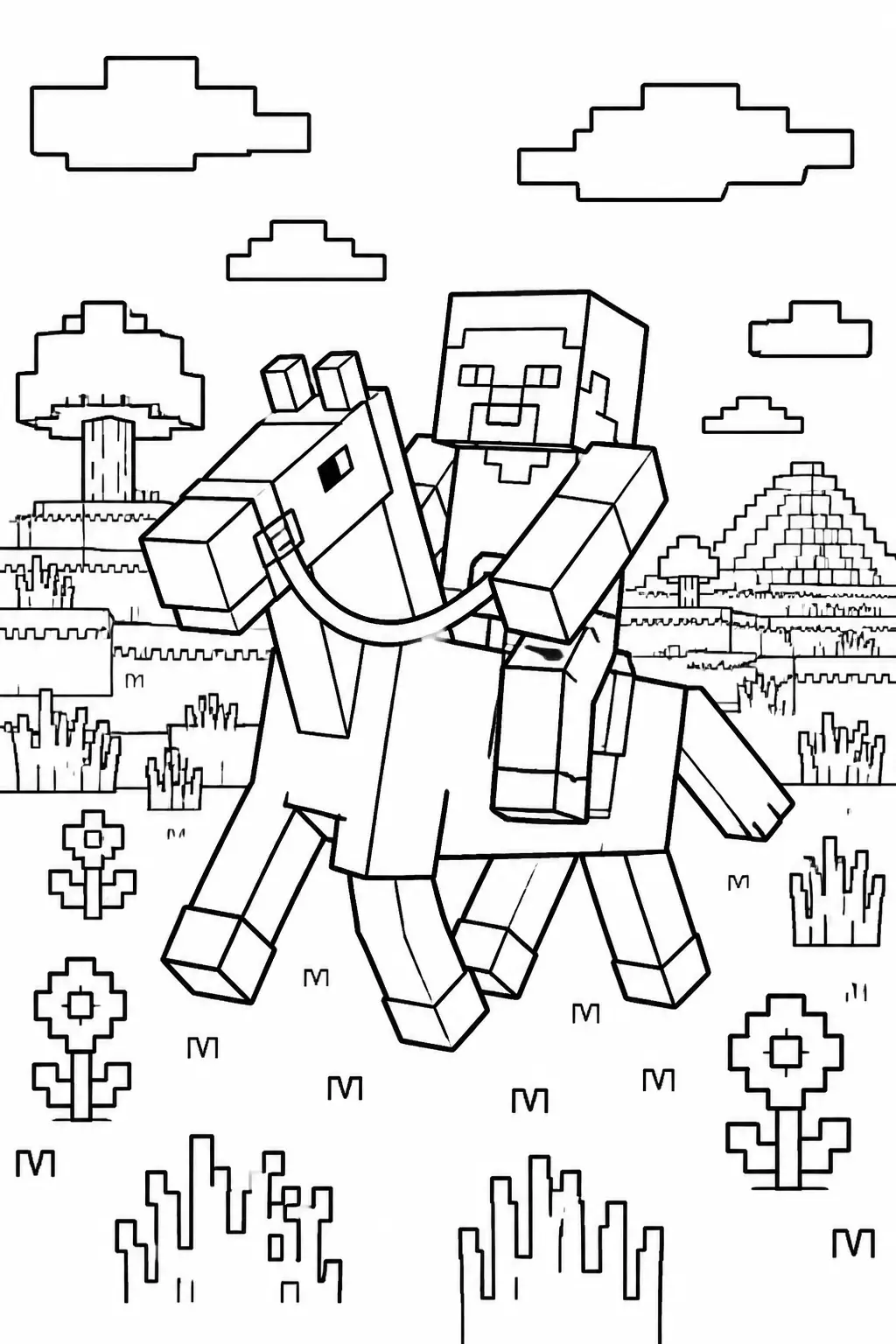 Desenho de Minecraft do Steve Montado em um Cavalo para Colorir
