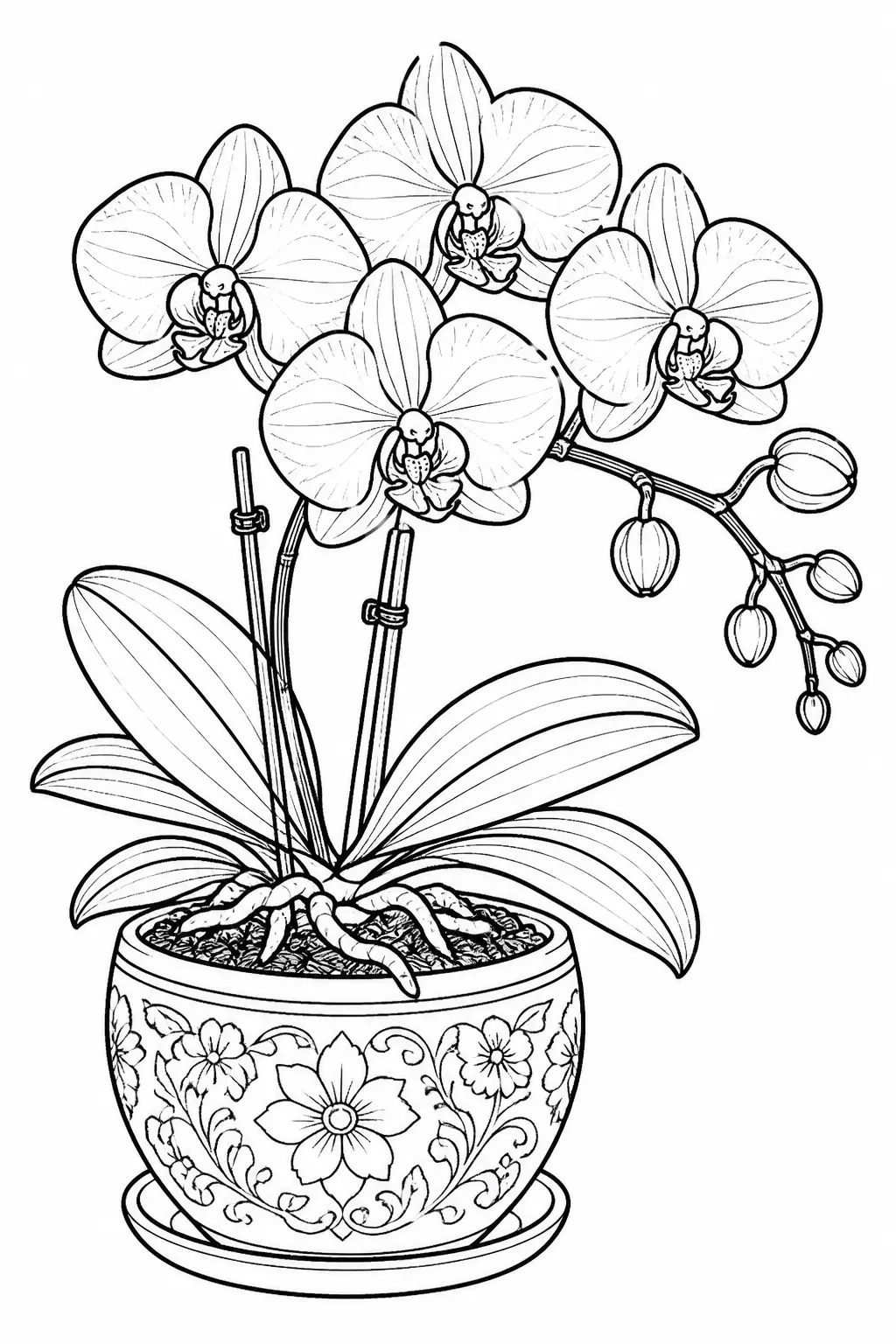 Desenho de Orquídeas em Vaso Decorativo para Colorir