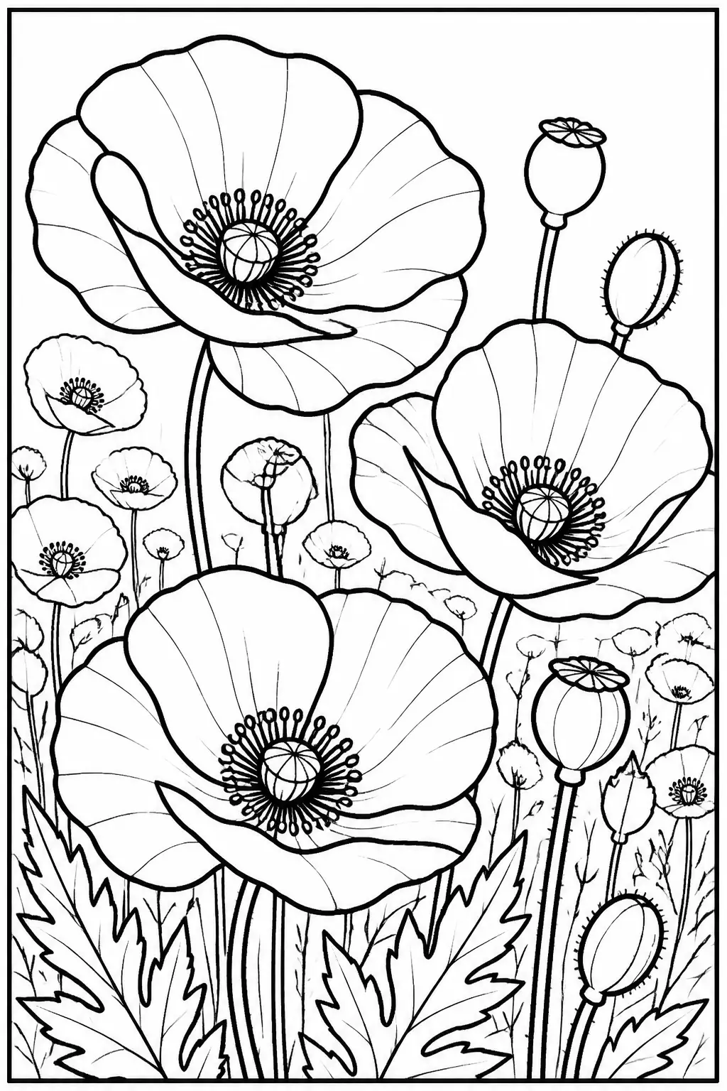 Desenho de Papoulas em Campo para Colorir