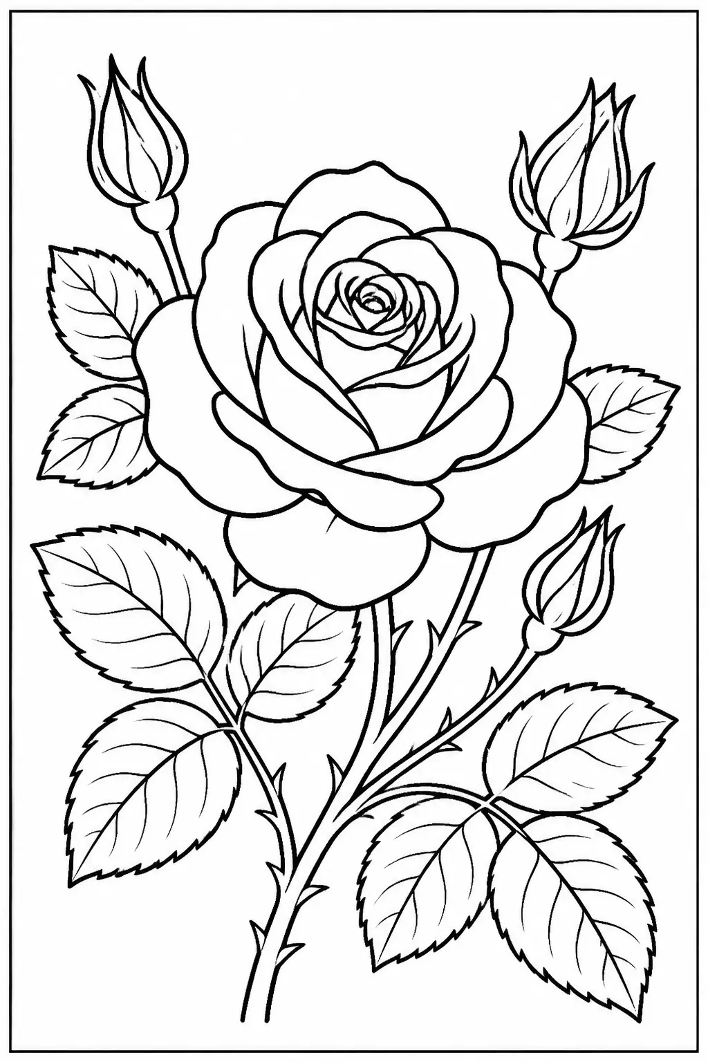 Desenho de Rosa com Botões e Folhas para Colorir