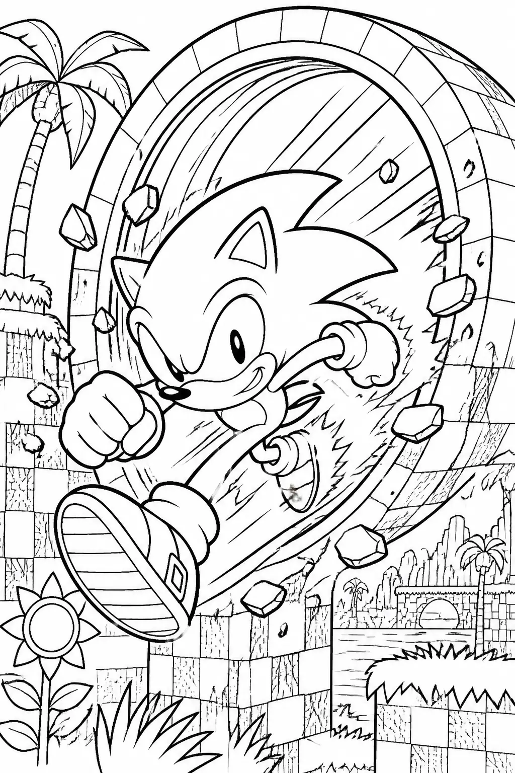 Desenho de Sonic a Atravessar um Loop em Alta Velocidade para Colorir