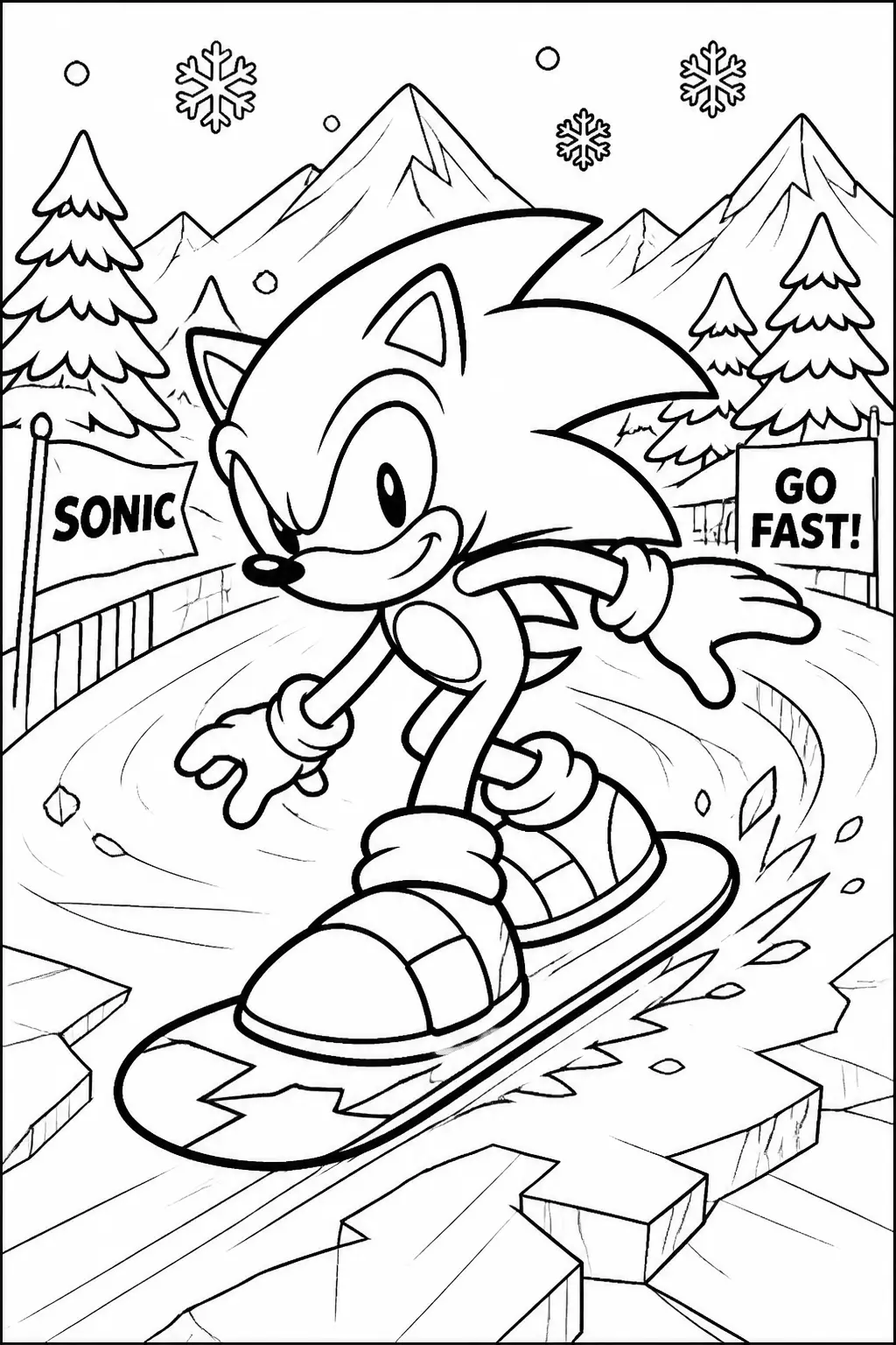 Desenho de Sonic a Fazer Snowboard nas Montanhas para Colorir
