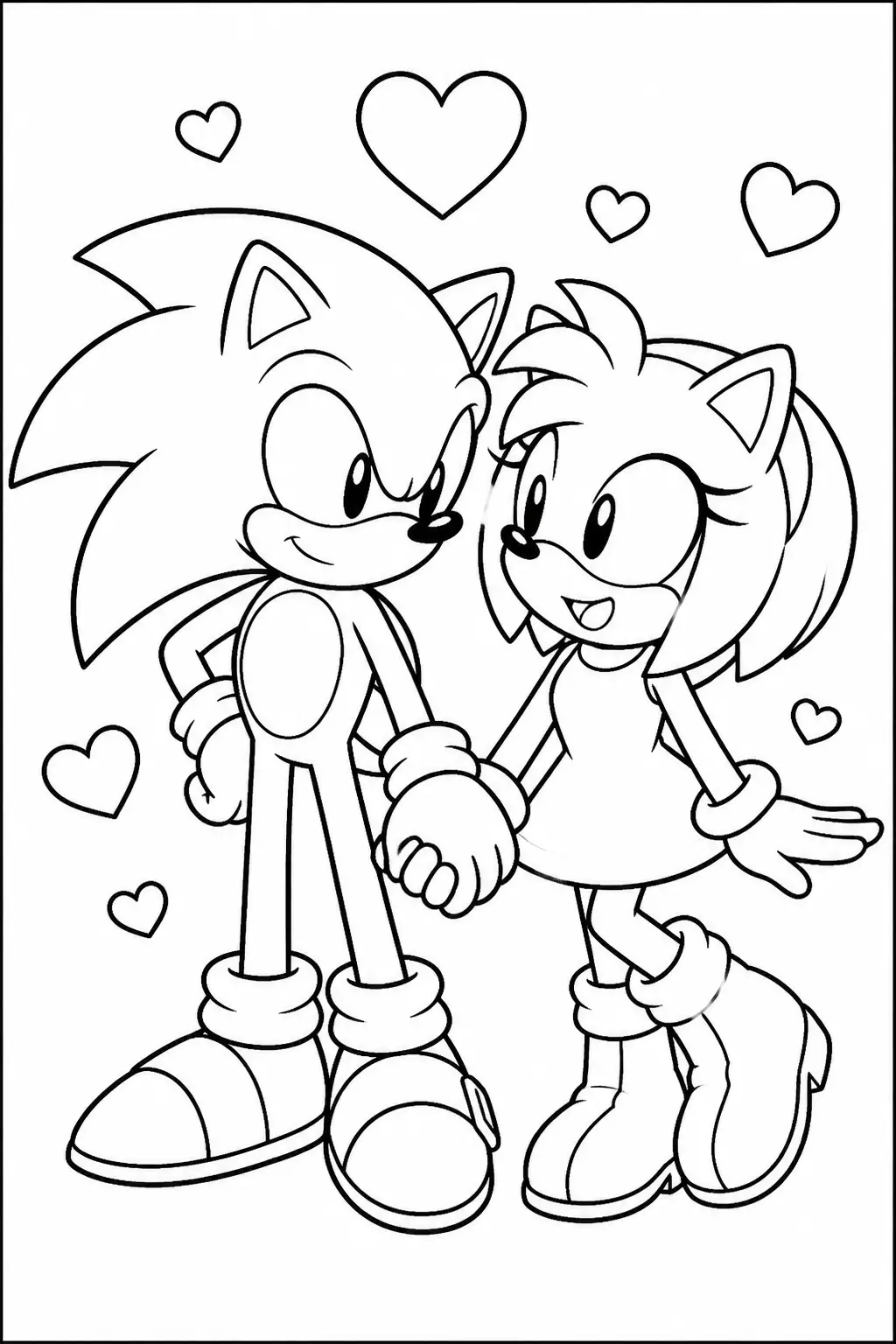 Desenho de Sonic e Amy Rose de Mãos Dadas para Colorir