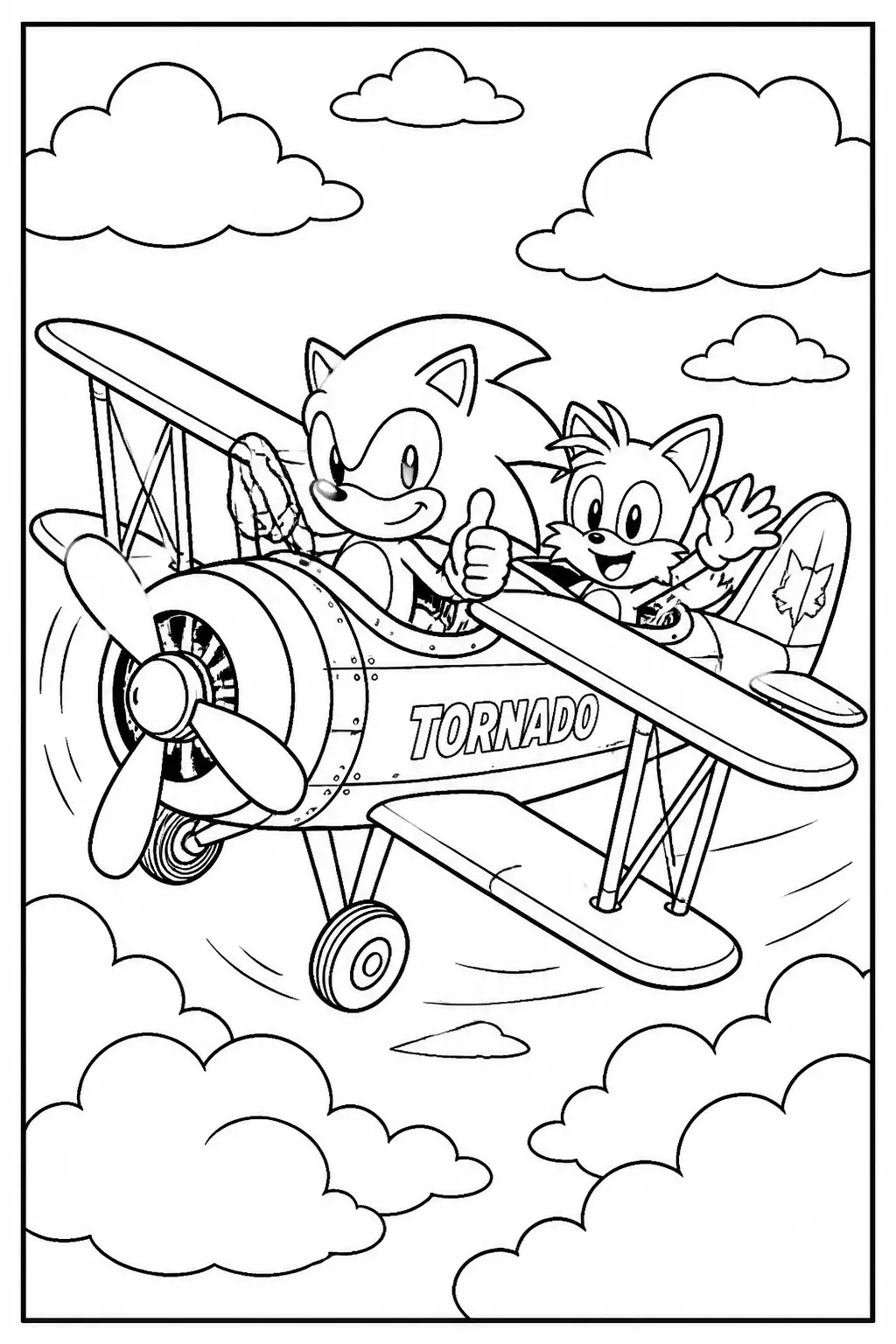 Desenho de Sonic e Tails a Voar no Tornado para Colorir