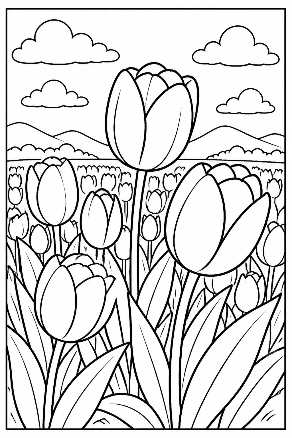 Desenho de Tulipas em Campo Florido para Colorir