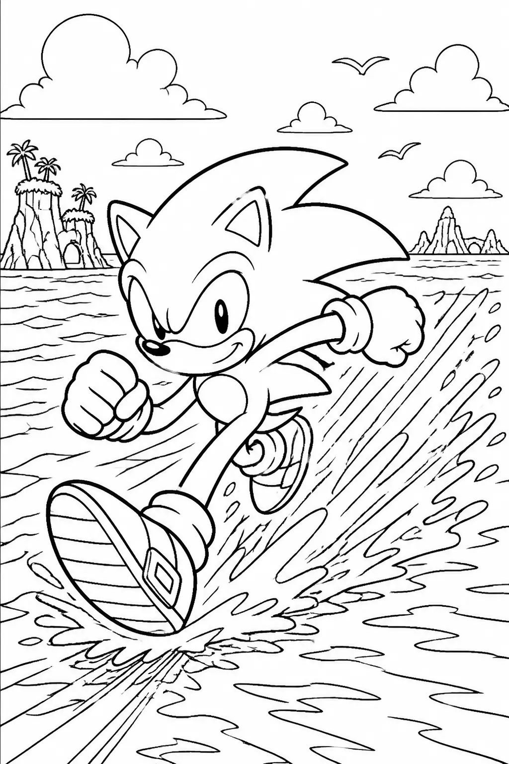 Desenho do Sonic a Correr sobre a Água para Colorir