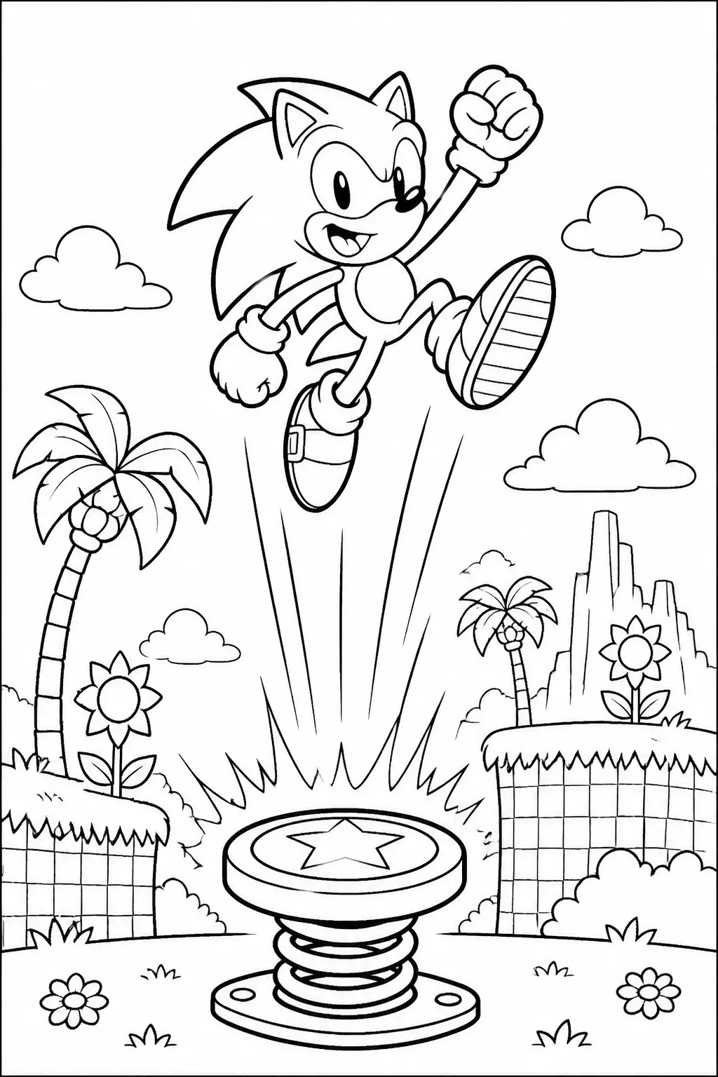 Desenho do Sonic a Saltar em um Botão de Lançamento para Colorir