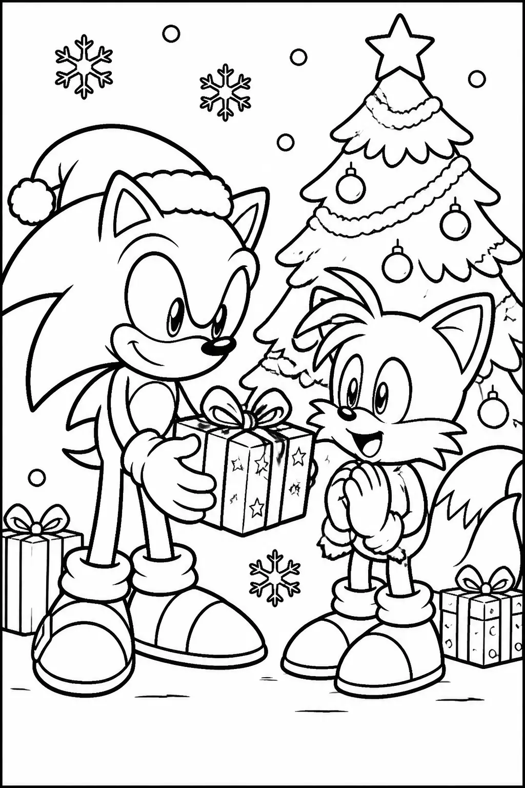 Desenho do Sonic e Tails Celebrando o Natal para Colorir