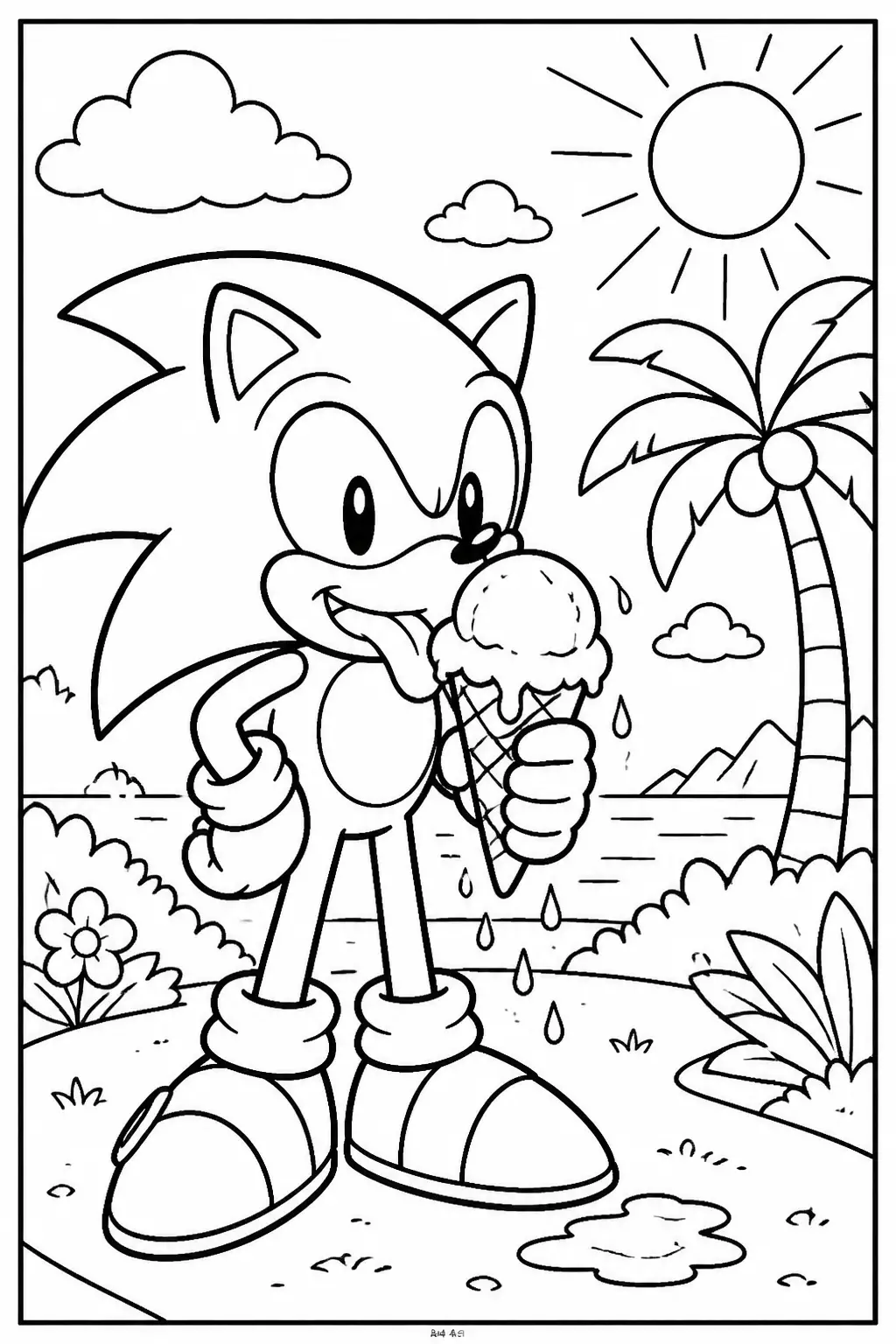 Desenho do Sonic Saboreando um Sorvete na Praia para Colorir