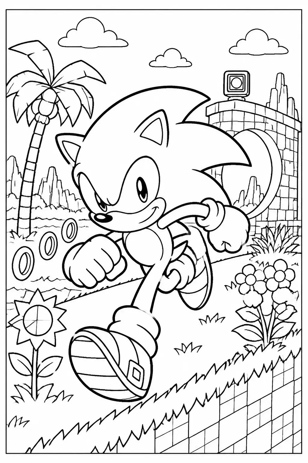 Desenho do Sonic The Hedgehog Correndo na Green Hill Zone para Colorir