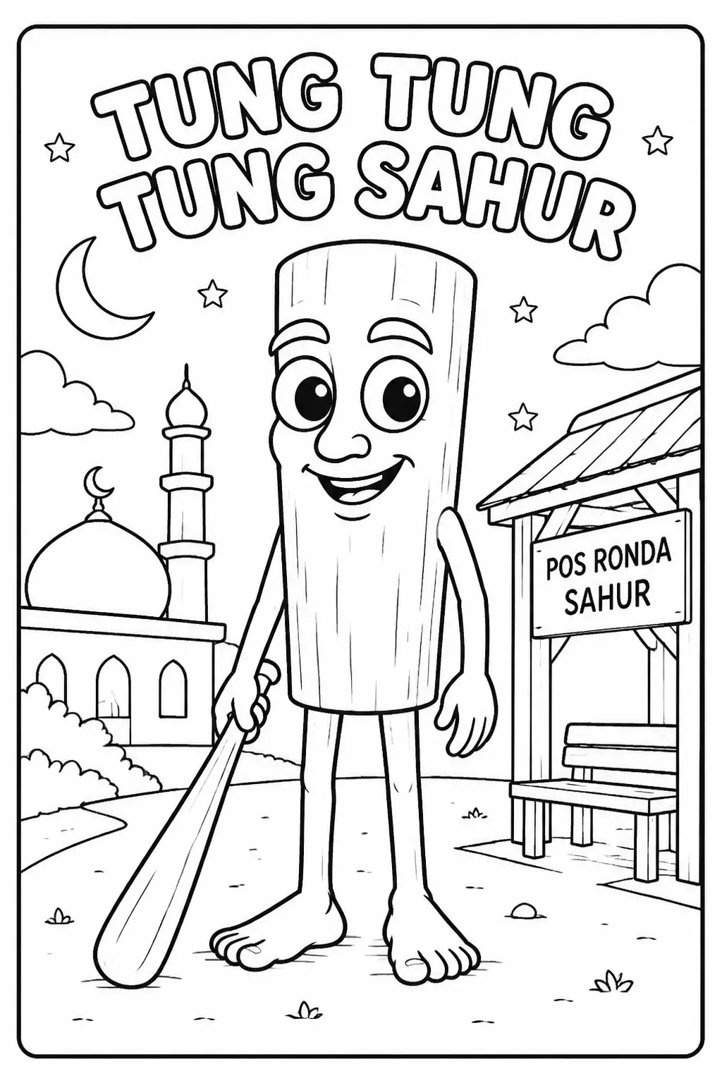 Dessin de Tung Tung Tung Sahur avec décor nocturne à colorier