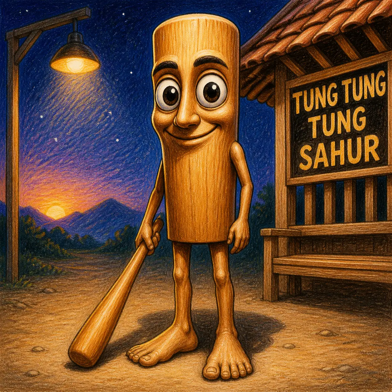 Coloriage de Tung Tung Tung Sahur dans la rue au coucher du soleil