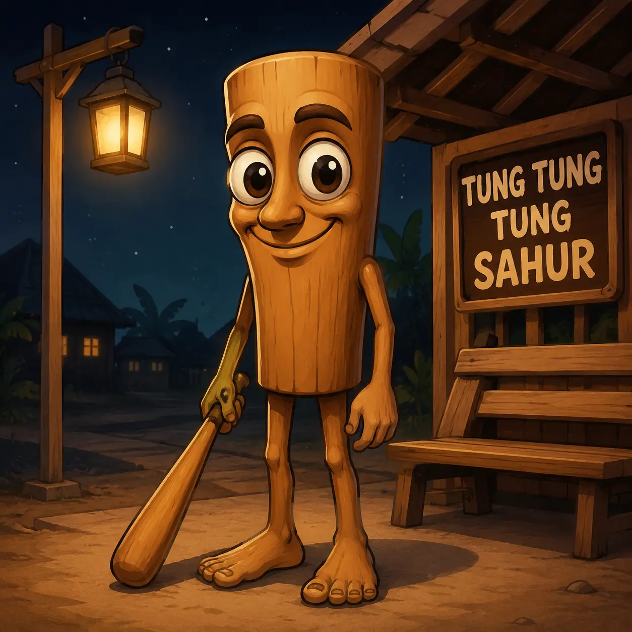 Coloriage Tung Tung Tung Sahur dans le village la nuit