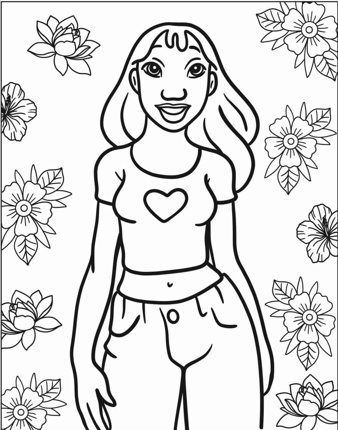 Desenho da Lilo com Flores para Colorir