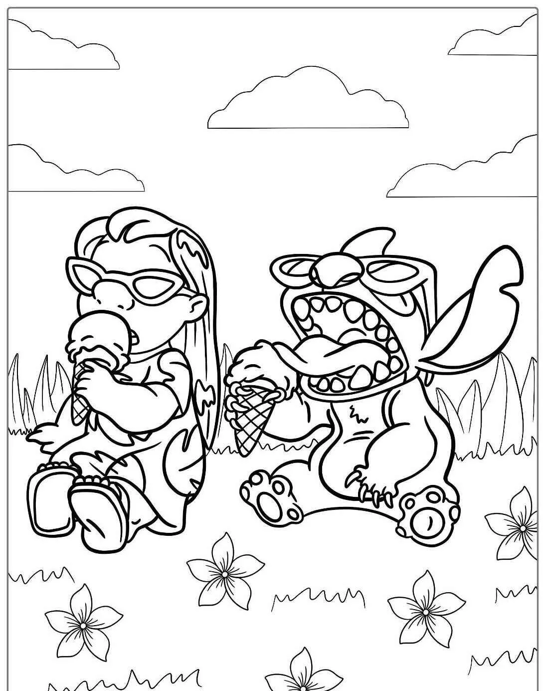 Desenho da Lilo e Stitch com Sorvete para Colorir
