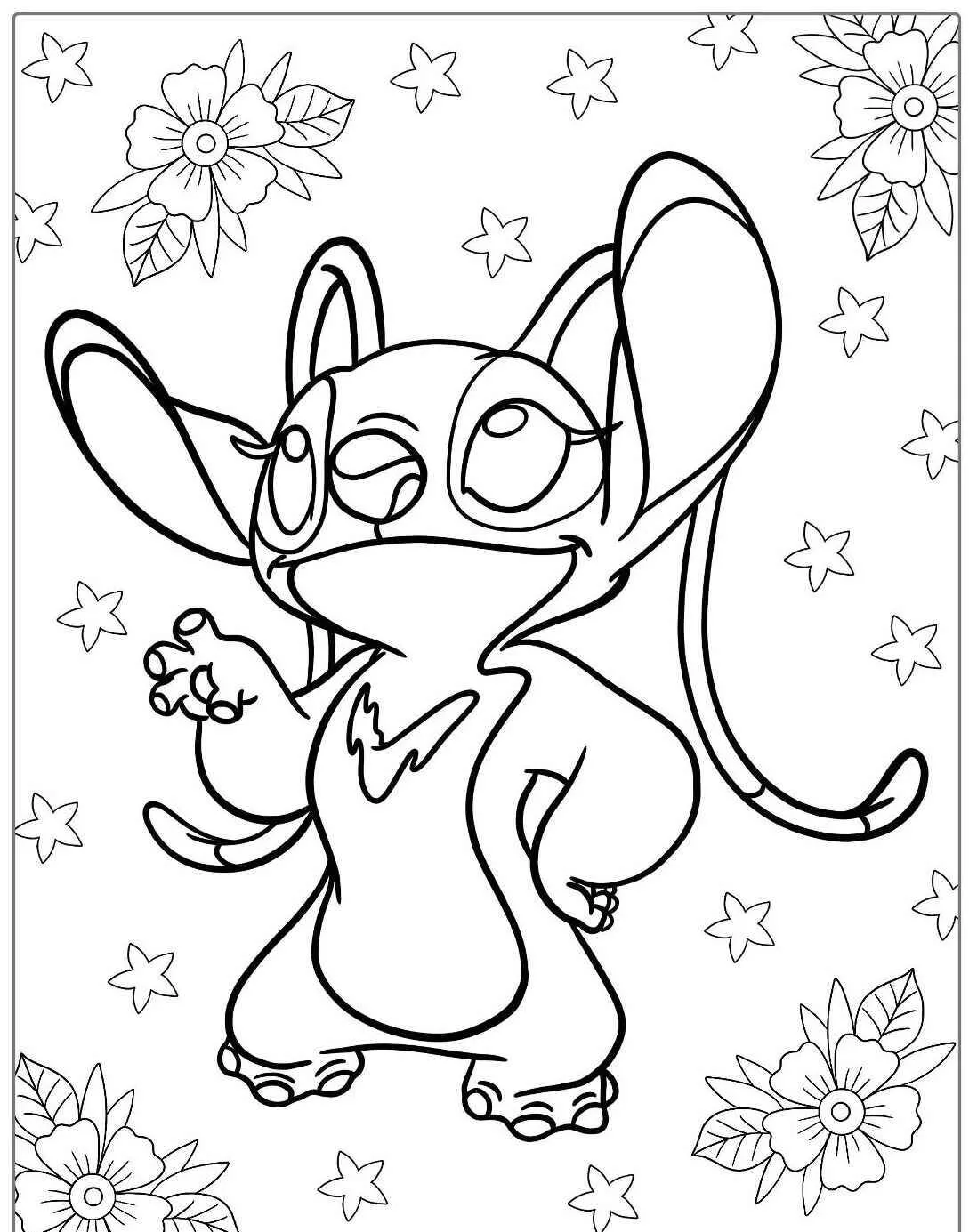Desenho do Stitch Sorridente entre Flores para Colorir
