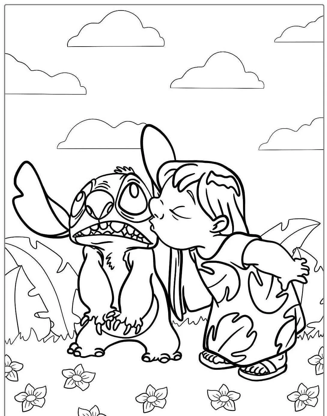 Desenho de Lilo Dando um Beijo em Stitch para Colorir