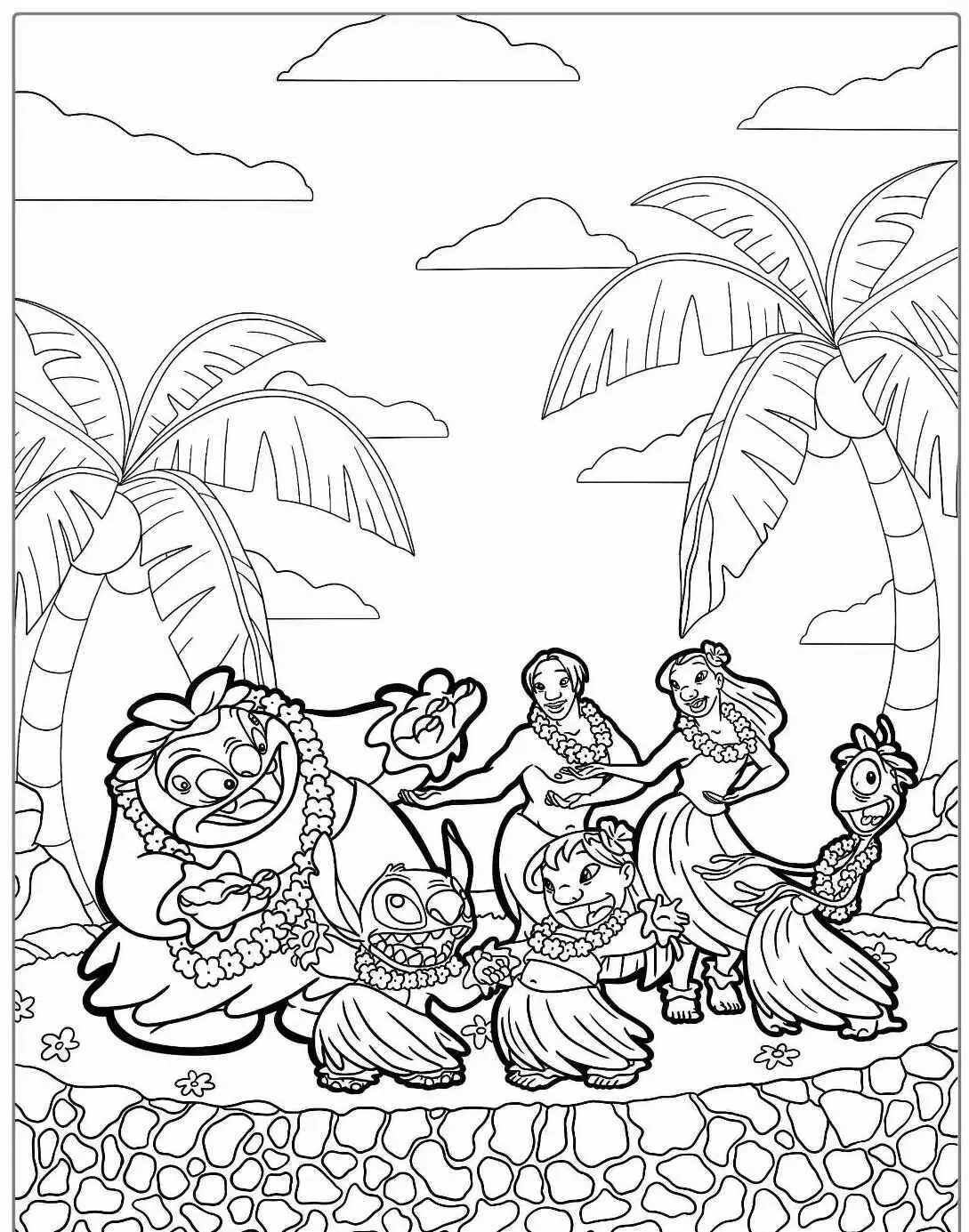 Desenho de Lilo e Stitch Dançando Hula na Praia para Colorir