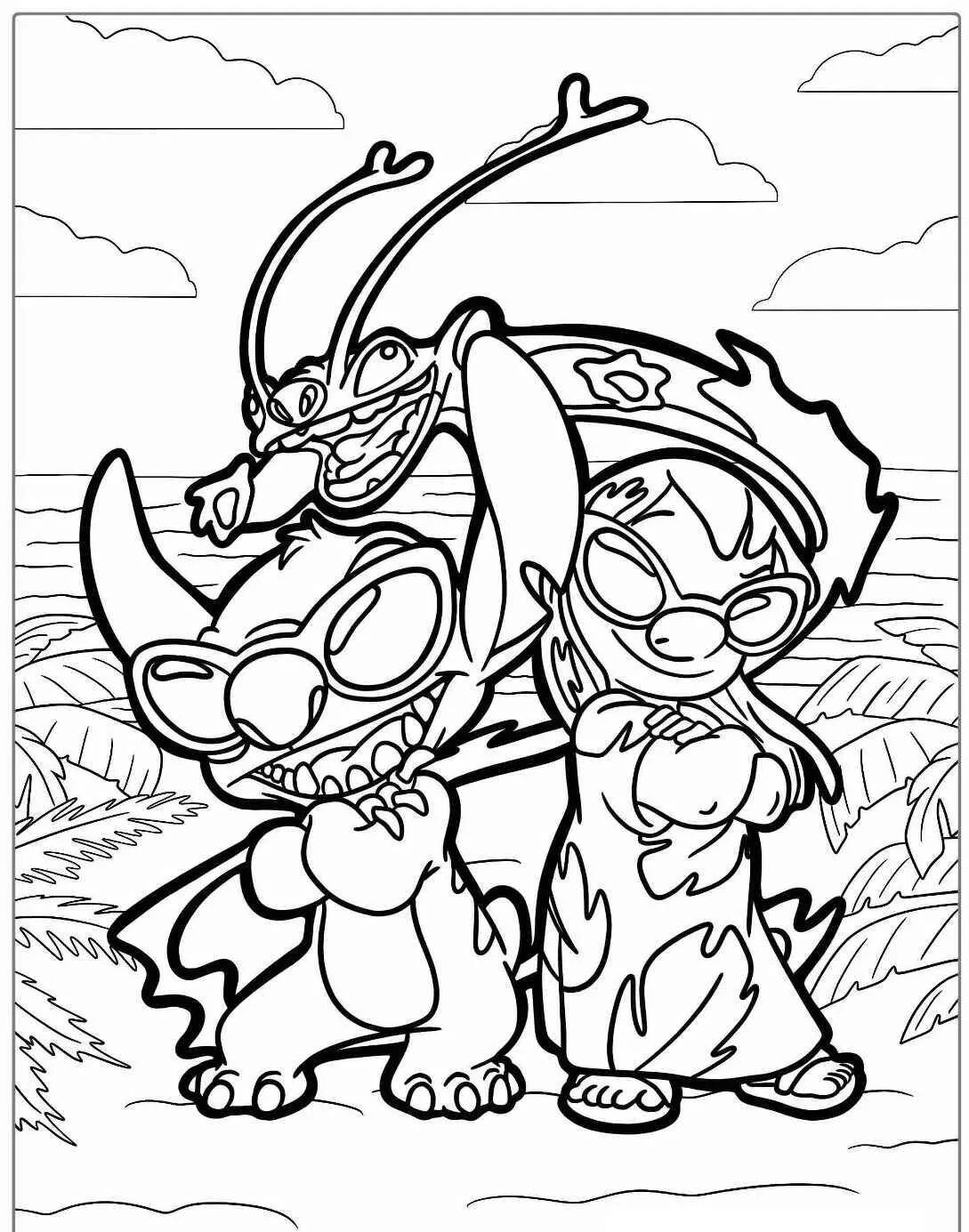 Desenho de Stitch e Lilo Brincando na Praia para Colorir