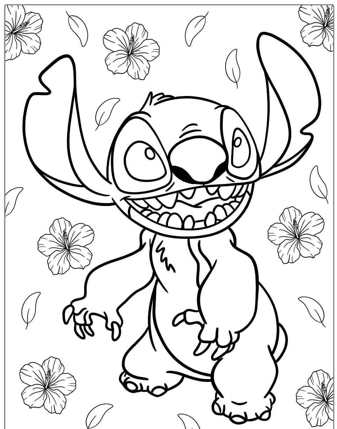 Desenho do Stitch Sorridente entre Flores para Colorir