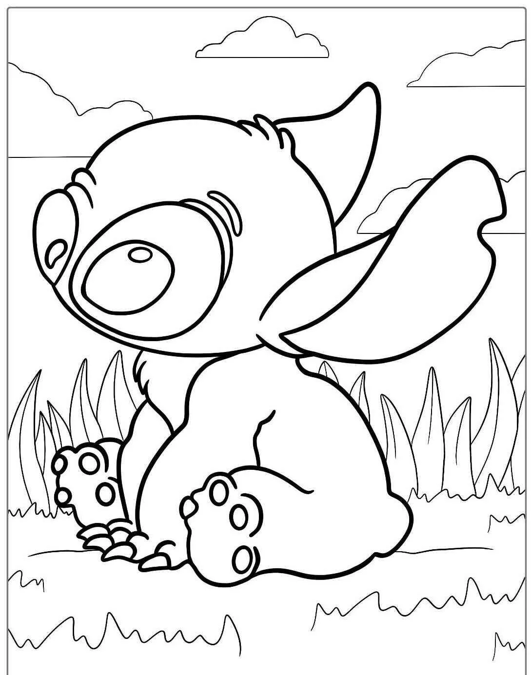 Desenho do Stitch Fofo Sentado na Grama para Colorir