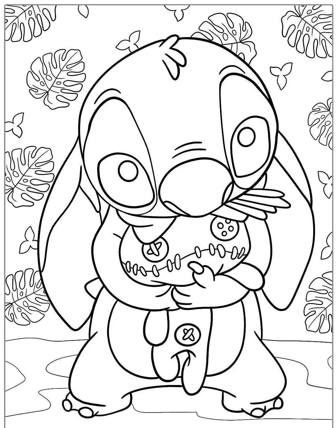 Desenho de Stitch Abraçando seu Brinquedo para Colorir