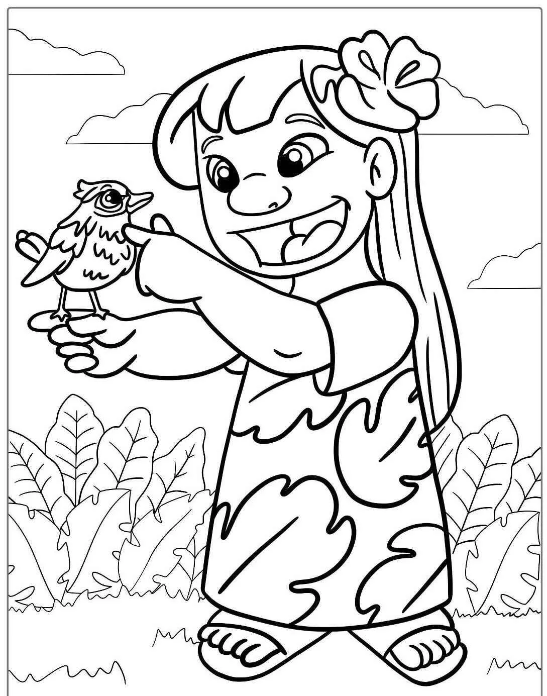 Desenho da Lilo Brincando com o Pássaro para Colorir