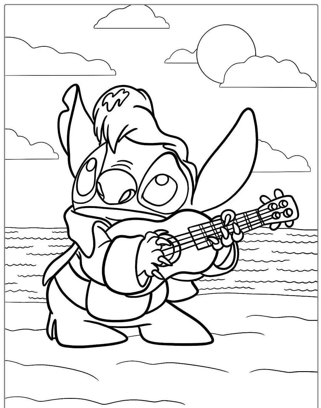 Desenho de Stitch a Tocar Ukulele na Praia para Colorir