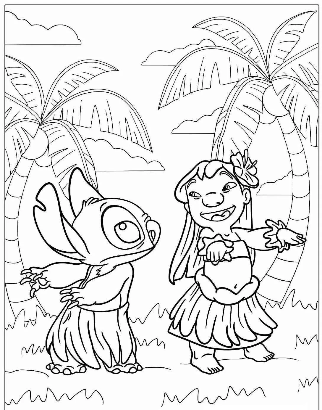 Desenho de Stitch e Lilo Dançando Hula para Colorir