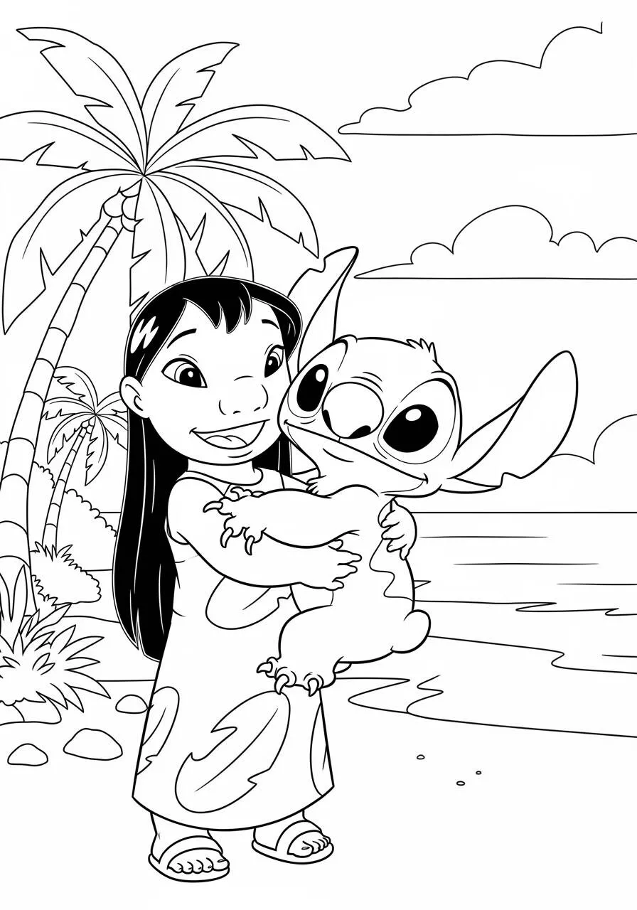 Desenho da Lilo Abraçando Stitch para Colorir
