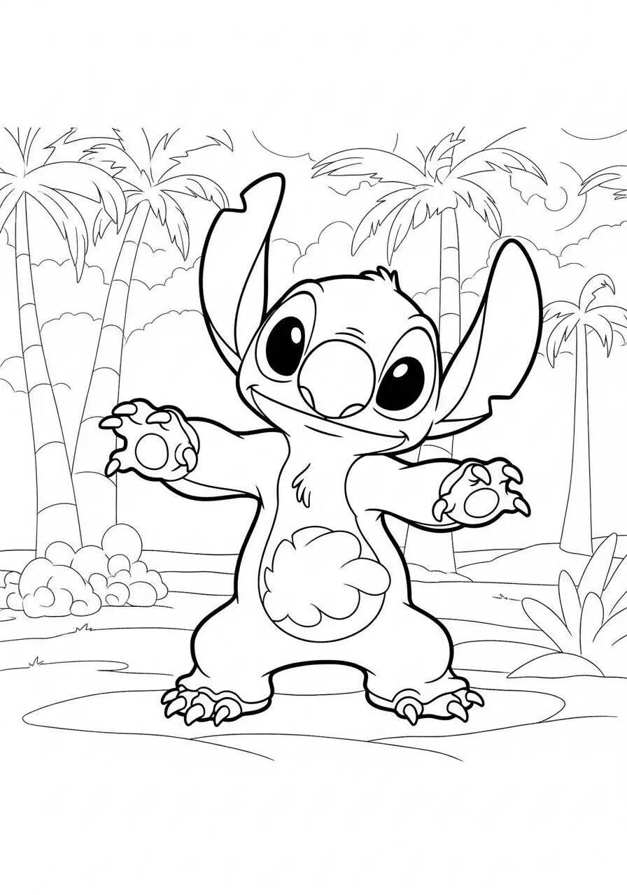 Desenho do Stitch Fofo em um Cenário Tropical para Colorir