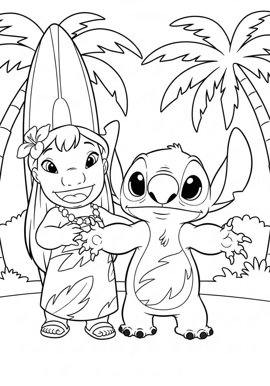 Desenho de Stitch e Lilo na Praia para Colorir