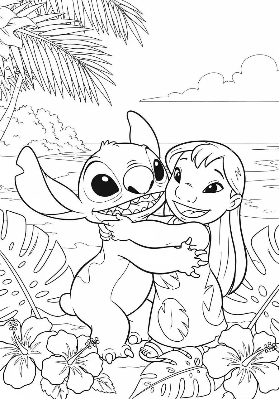 Desenho de Stitch e Lilo se Abraçando para Colorir