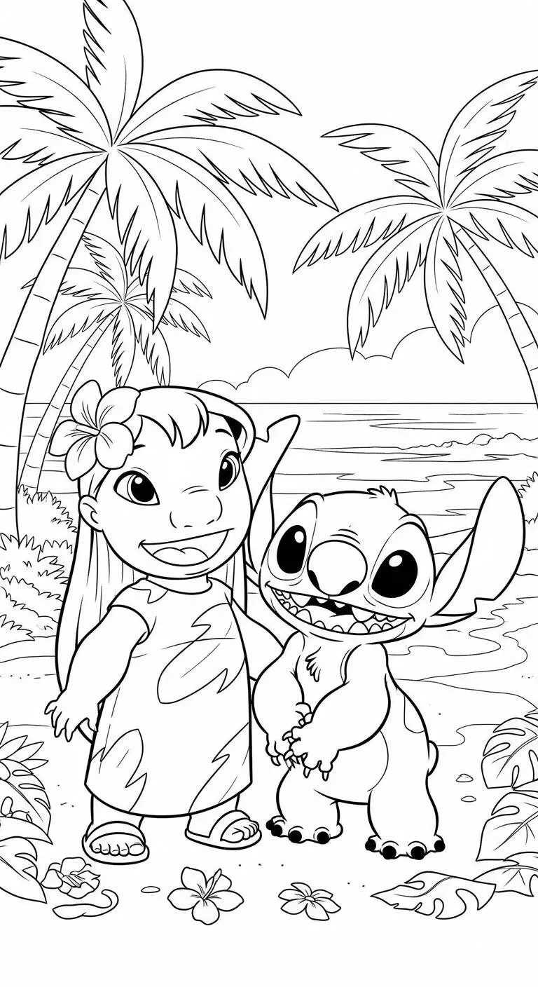 Desenho da Lilo e Stitch na Praia para Colorir