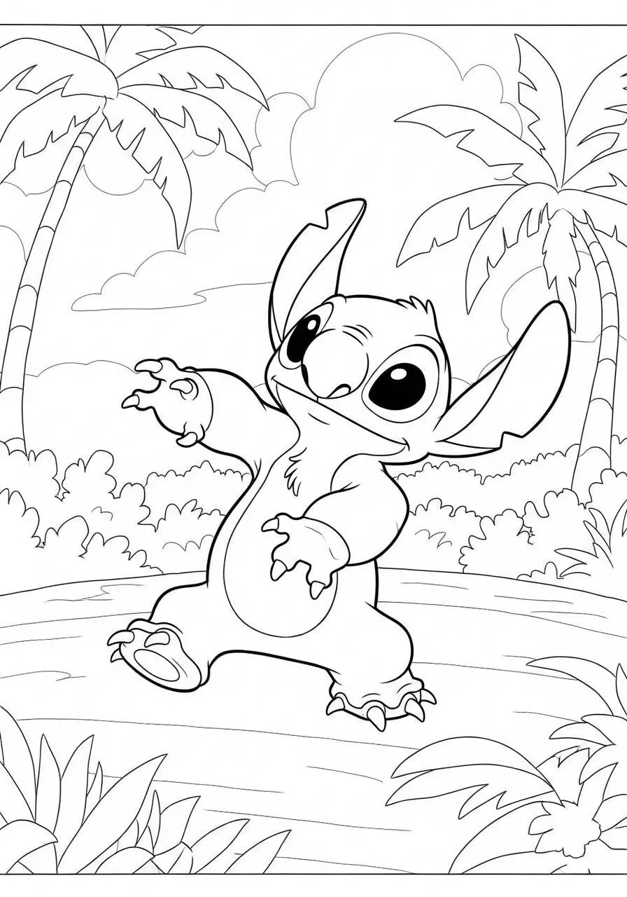 Desenho do Stitch Feliz na Praia para Colorir